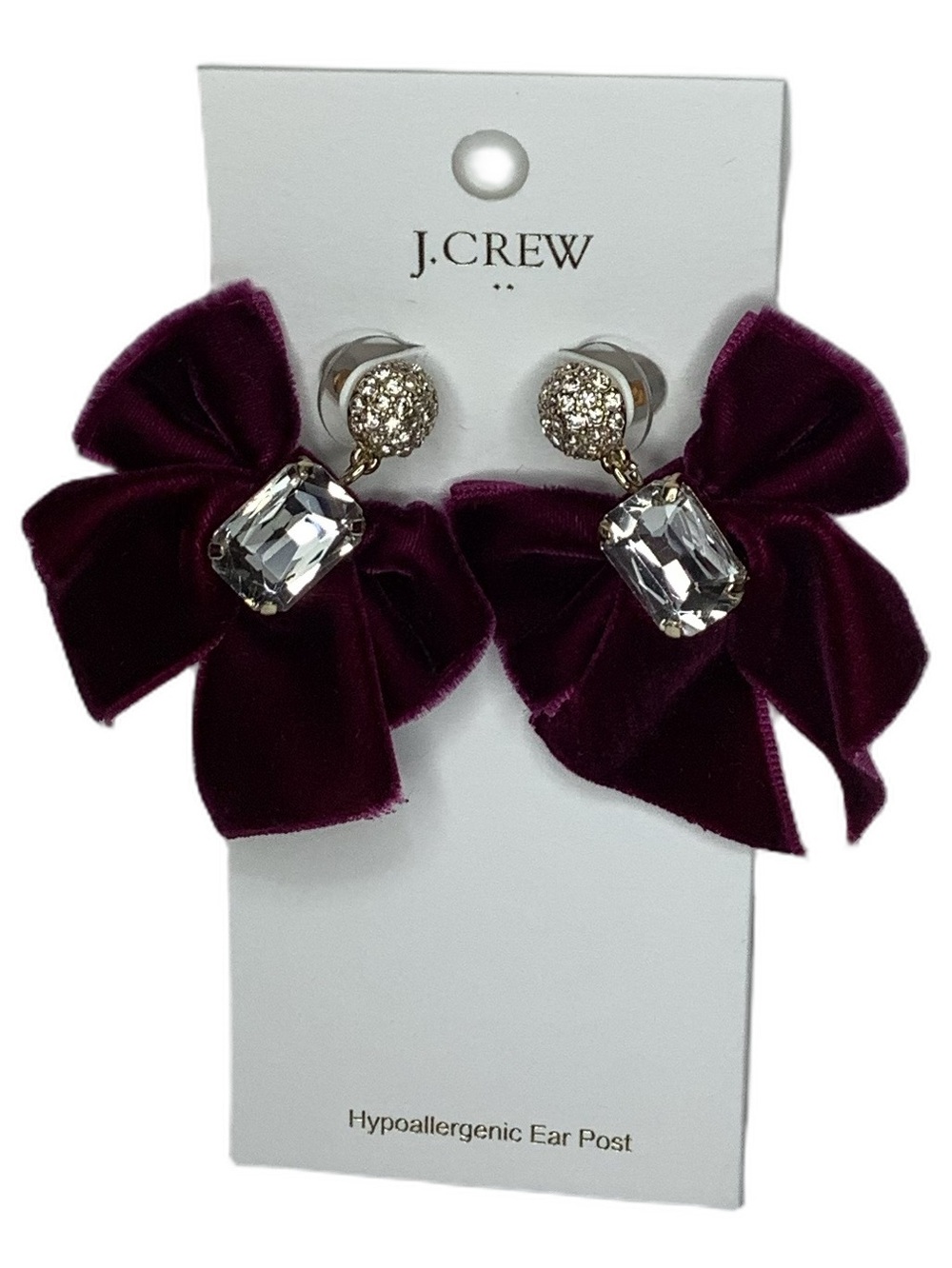 J Crew Burgandy Velvet Bow Rhinestone Crystal Statement Earrings New